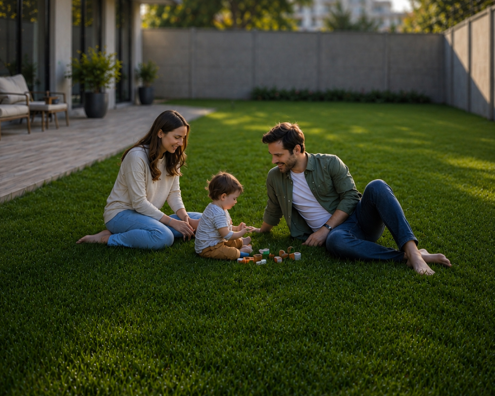Familia jugando en el patio privado de un departamento de primer piso