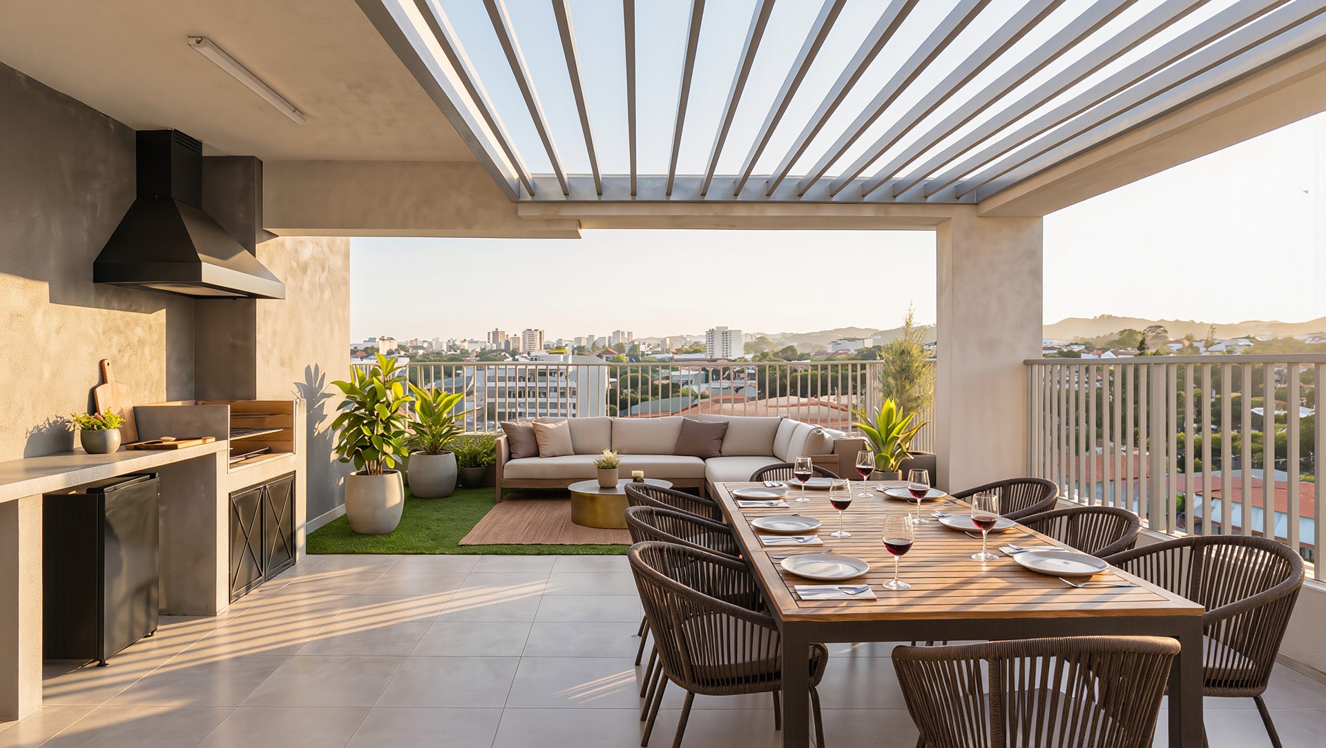 Penthouse completo: quincho con parrilla, mesa de comedor bajo la pérgola, living exterior y vista panorámica a San Pedro de la Paz