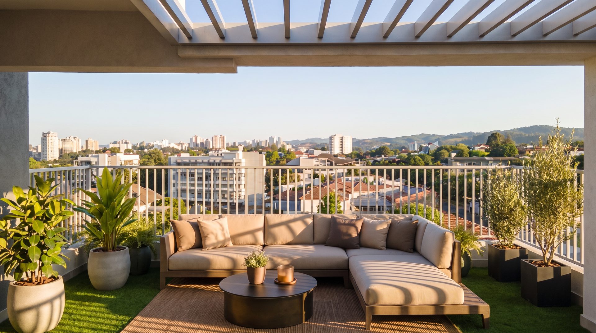 Terraza del Penthouse con living exterior sobre pasto y vista panorámica a San Pedro de la Paz