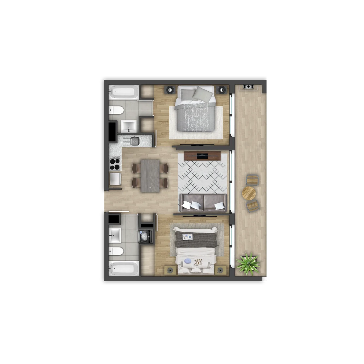 Planta Modelo B, 2 dormitorios y 2 baños, cocina integrada