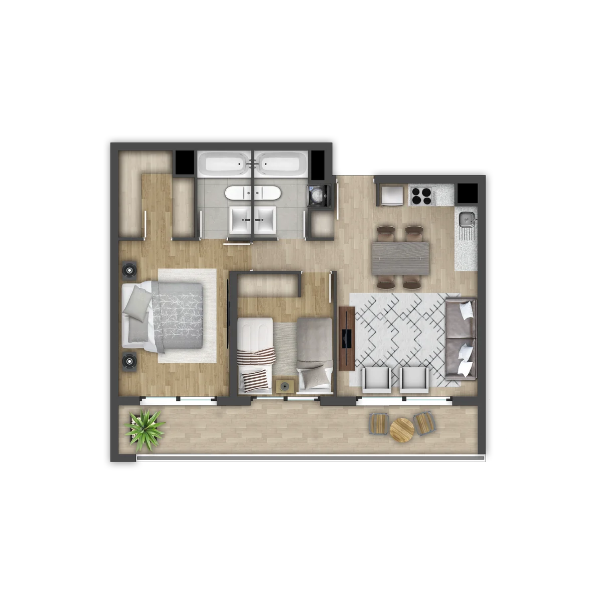 Planta Modelo C, 2 dormitorios y 2 baños, cocina integrada