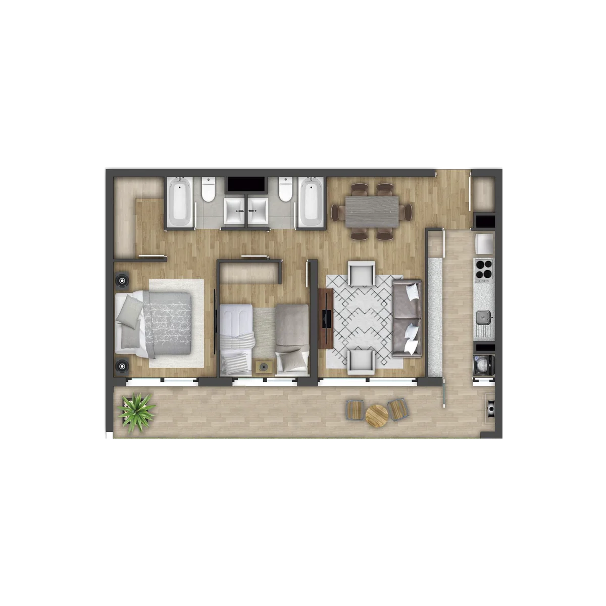 Planta Modelo D, 2 dormitorios y 2 baños, cocina independiente