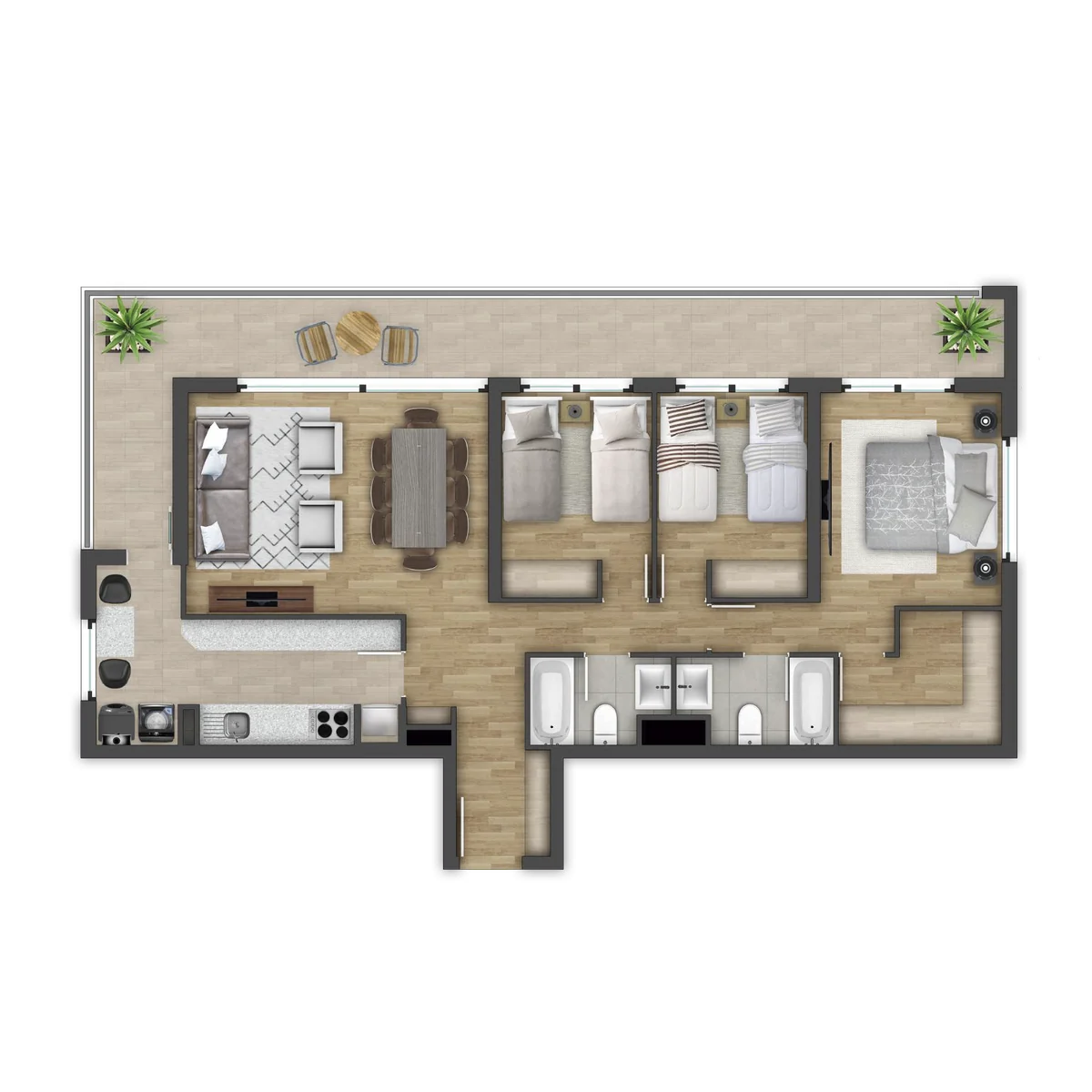 Planta Modelo E, 3 dormitorios y 2 baños, cocina independiente