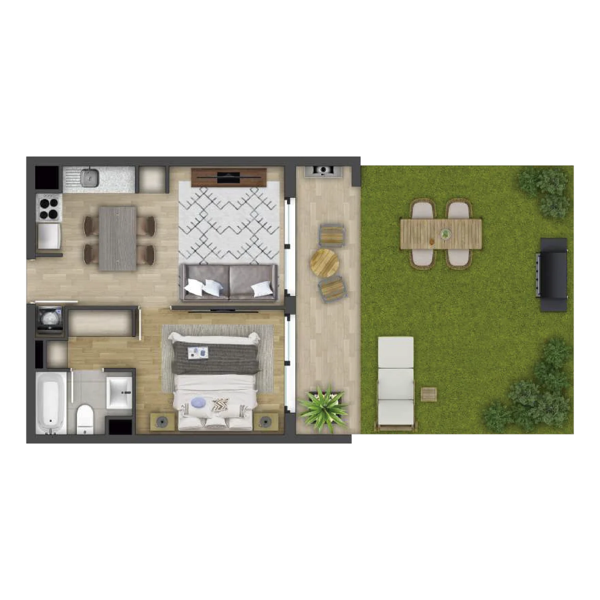 Planta Modelo A1 con patio privado, 1 dormitorio y 1 baño