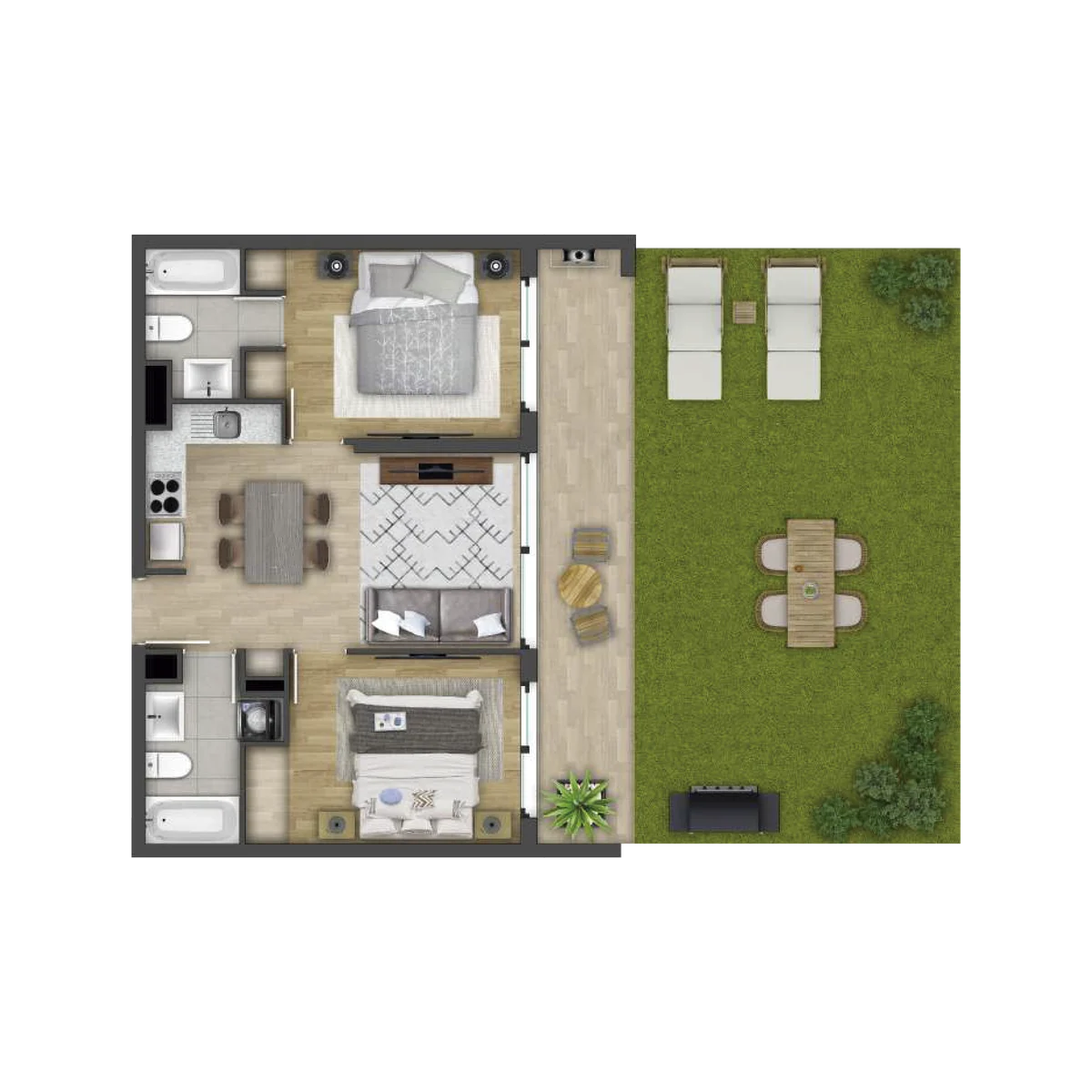 Planta Modelo B1 con patio privado, 2 dormitorios y 2 baños