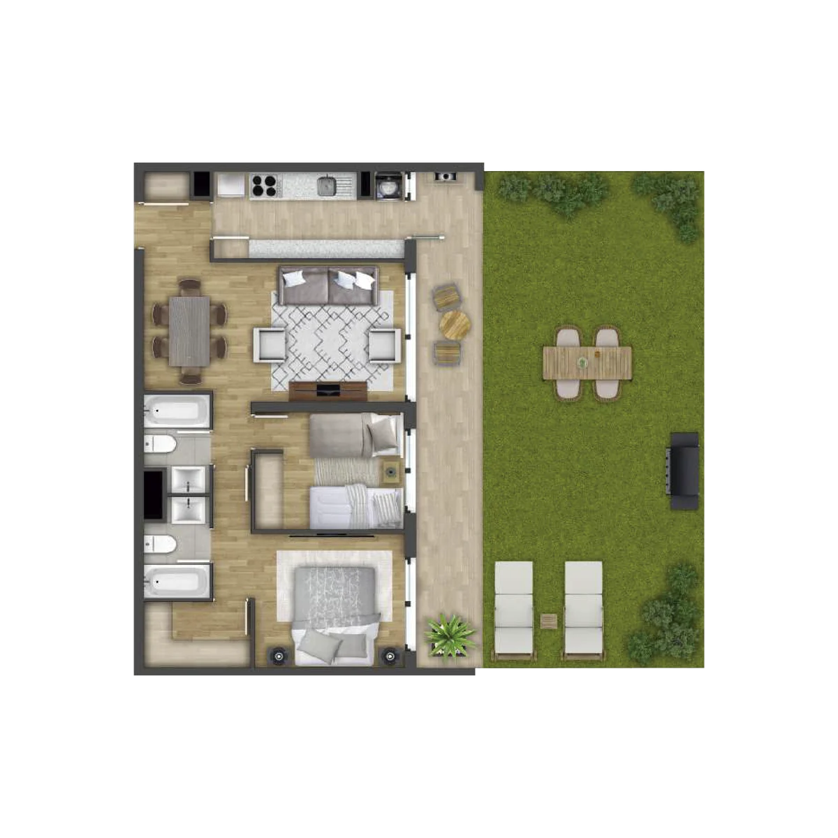 Planta Modelo D2 con patio privado, 2 dormitorios y 2 baños