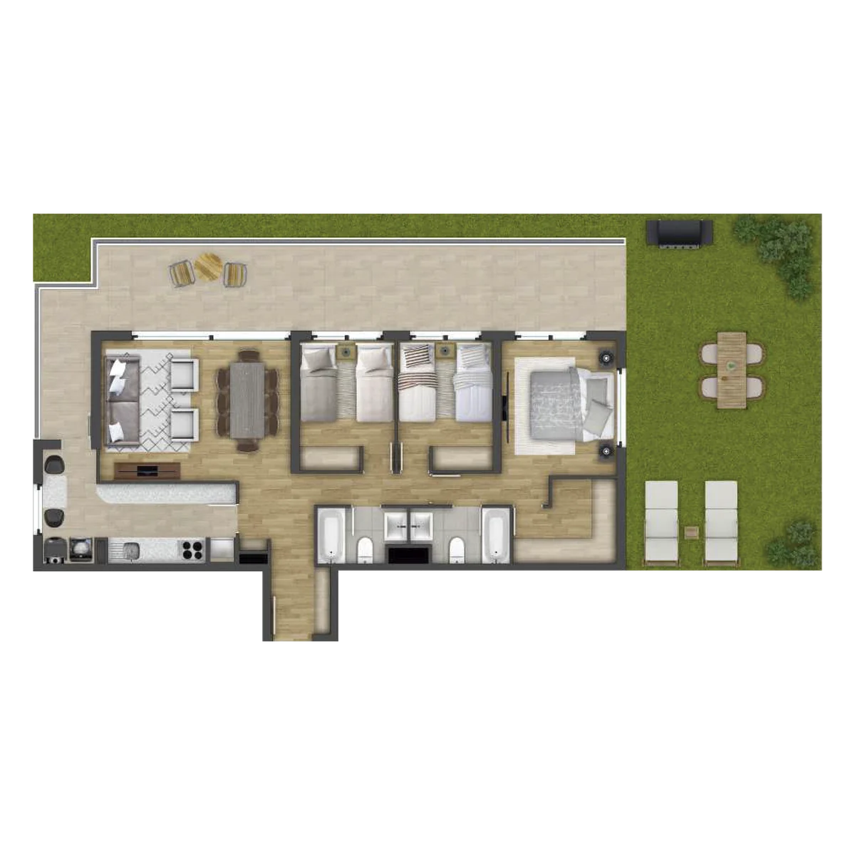 Planta Modelo E1 con patio privado, 3 dormitorios y 2 baños