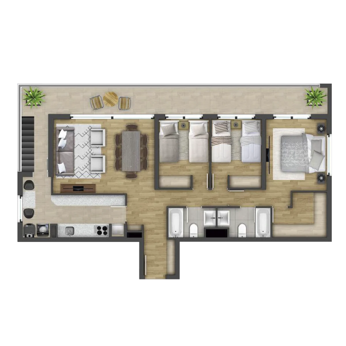 Planta primer nivel del Penthouse: 3 dormitorios, 2 baños, cocina independiente y terraza