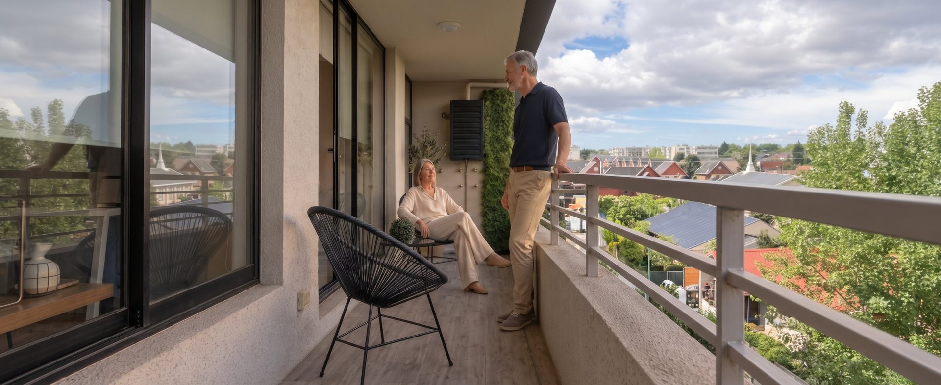 Pareja en la terraza de un departamento de Terrazas Las Rosas, con vista a San Pedro de la Paz